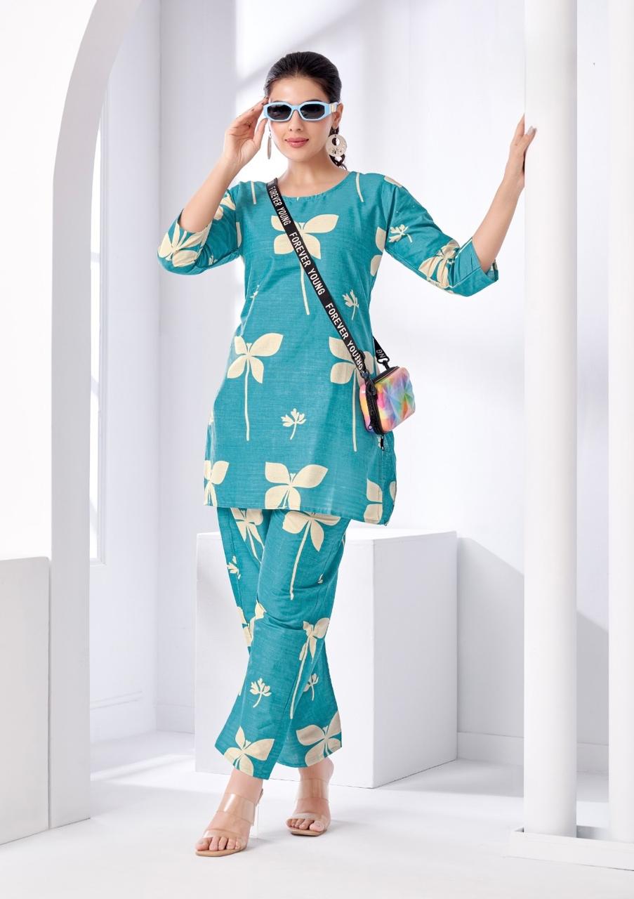 Teal Blue Floral Printed Women Coord Set