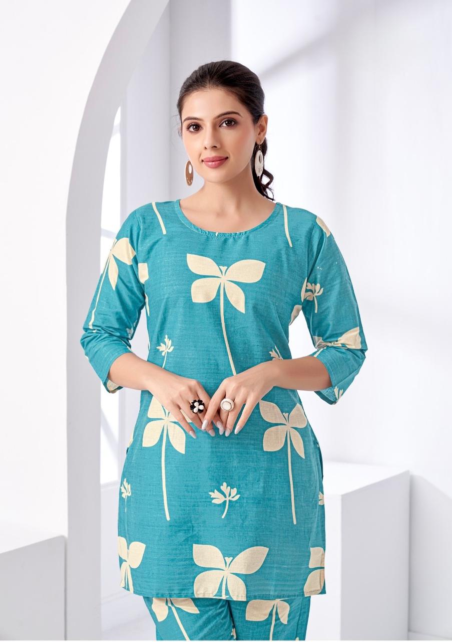 Teal Blue Floral Printed Women Coord Set