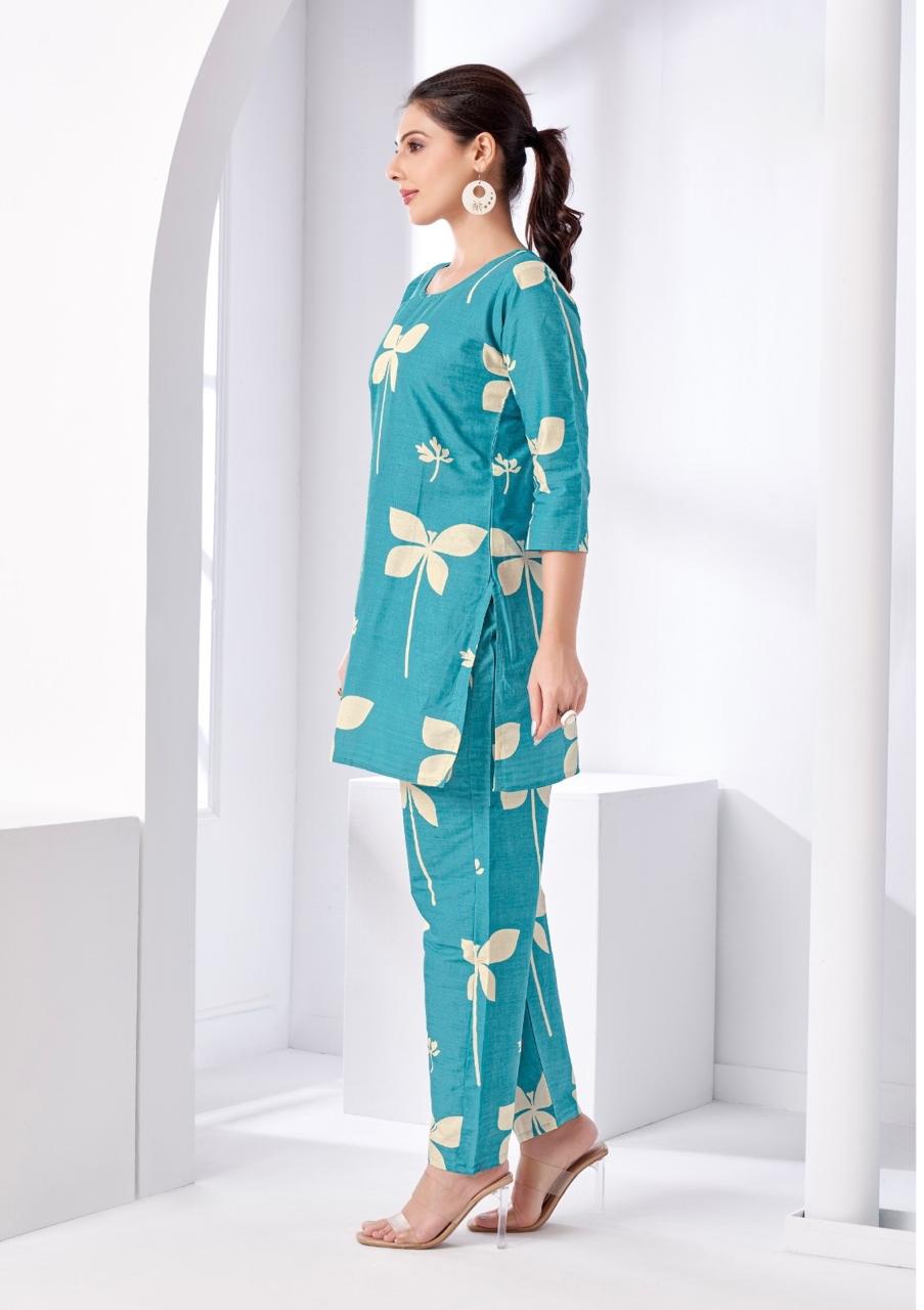 Teal Blue Floral Printed Women Coord Set