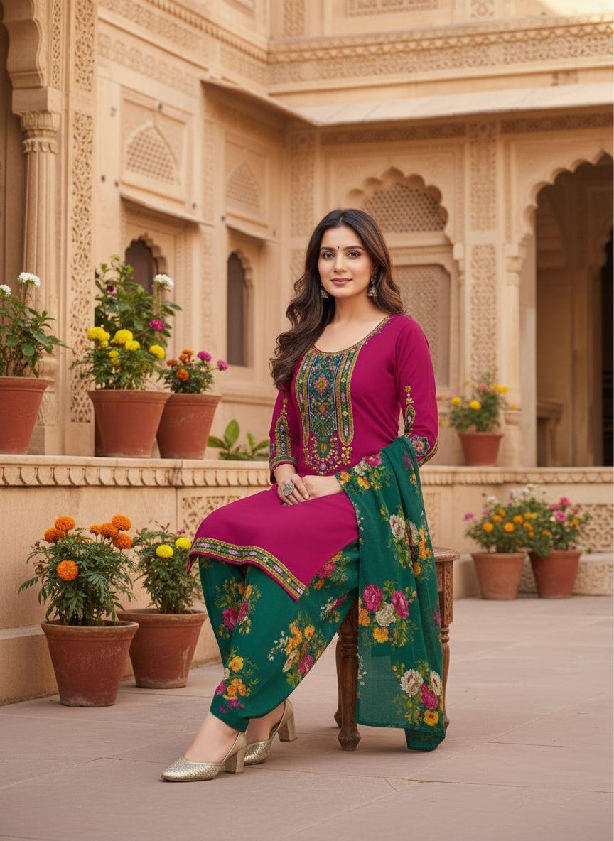 Rani Pink Printed Patiala Suit Set
